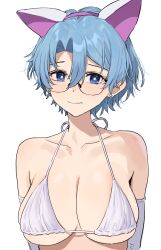 Rule 34 | 1girl, absurdres, animal ears, aochoku, bare shoulders, bikini, blue eyes, blue hair, blush, breasts, cat ears, cleavage, collarbone, commentary, elbow gloves, fake animal ears, glasses, gloves, hairband, highres, large breasts, looking at viewer, original, round eyewear, short hair, solo, swimsuit, symbol-only commentary, white bikini, white gloves