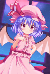 Rule 34 | 1girl, bat wings, blue hair, blush, bow, hakuto (28syuku), hand on own hip, hand on own chest, hat, hat bow, mob cap, moon, red eyes, red moon, remilia scarlet, short hair, skirt, skirt set, solo, touhou, wings