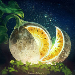 Rule 34 | commentary, english commentary, food, food focus, fruit, full moon, highres, melon, melon slice, moon, night, night sky, no humans, original, outdoors, sky, star (sky), starry sky, watermark, web address, yuumei