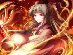 Rule 34 | 1girl, akinomiya asuka, black hat, closed mouth, commentary request, detached sleeves, fire, green hair, hair ribbon, hat, japanese clothes, kariginu, kimono, long hair, mystical power plant, original, purple kimono, red eyes, red ribbon, ribbon, sleeves past fingers, sleeves past wrists, smile, solo, suitokuin tenmu, tate eboshi, touhou, upper body