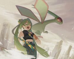 Rule 34 | 1girl, :o, black shirt, closed eyes, commentary, creatures (company), flygon, game freak, gen 3 pokemon, green hair, ground miku (project voltage), hair bun, hand up, hatsune miku, highres, jewelry, long hair, mokuzou (moku ssbu), necklace, nintendo, open mouth, outdoors, pants, pokemon, pokemon (creature), project voltage, shirt, signature, sleeveless, sleeveless shirt, symbol-only commentary, twintails, vocaloid