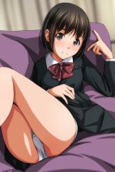 Rule 34 | 1girl, absurdres, ass, bare legs, black dress, black hair, blurry, blurry background, bow, bowtie, brown hair, closed mouth, collared shirt, couch, dress, highres, indoors, knees up, long sleeves, looking at viewer, lying, matsunaga kouyou, original, panties, red bow, red bowtie, school uniform, shirt, short hair, sitting, smile, solo, thighs, underwear, white panties, white shirt
