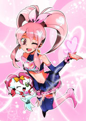 Rule 34 | 1girl, ;d, black thighhighs, boots, bow, bridal gauntlets, brooch, creature, earrings, eyelashes, frills, full body, heart, jewelry, midriff, navel, one eye closed, open mouth, original, pink background, pink bow, pink eyes, pink footwear, pink hair, precure, sasagawa kureo, short hair, skirt, smile, thighhighs, twintails, wink