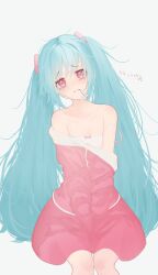 Rule 34 | absurdres, aimaina, aqua hair, arrow print, blush, dated, full-face blush, hair between eyes, hatsune miku, high fever (module), highres, long hair, long sleeves, looking at viewer, messy hair, pajamas, pill, pill hair ornament, pink pajamas, project diva (series), project diva x, red eyes, ringed eyes, signature, simple background, slit pupils, slow motion (vocaloid), tachibana shiori (suica 112), twintails, two-tone pajamas, very long hair, vocaloid, white background, white pajamas