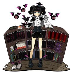 Rule 34 | 1girl, bat (animal), black hair, blue eyes, book, cup, faux figurine, hat, mini hat, mini top hat, morina nao, open mouth, pixiv fantasia, pixiv fantasia 5, pointy ears, short twintails, shorts, solo, stuffed toy, symbol-shaped pupils, tea, teacup, top hat, twintails