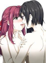 Rule 34 | 10s, 2girls, asphyxiation, back, bare arms, bare back, bare shoulders, black hair, blue eyes, blush, breasts, crying, crying with eyes open, eye contact, female focus, french kiss, green eyes, hair ribbon, half updo, highres, homura suzuko, kiss, looking at another, lostorage wixoss, medium breasts, morikawa chinatsu, multiple girls, neck, nude, open mouth, purple hair, red ribbon, ribbon, round teeth, saliva, saliva trail, short hair, strangling, tears, teeth, tongue, tongue out, upper body, wixoss, yakiniku (konoha3561), yuri
