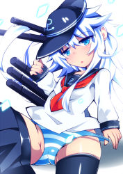 Rule 34 | 10s, 1girl, blue eyes, hat, hibiki (kancolle), kantai collection, long hair, open mouth, panties, panty pull, school uniform, skirt, skirt around one leg, solo, striped clothes, striped panties, thighhighs, underwear, white hair, zamudelin