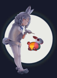 Rule 34 | 1girl, :3, animal ears, arctic hare (kemono friends), beleven, buttons, closed eyes, closed mouth, drill hair, drill sidelocks, from side, full body, full moon, hand up, highres, holding, holding lantern, kemono friends, lantern, medium hair, mittens, moon, outstretched hand, paid reward available, pantyhose, paper lantern, poncho, rabbit ears, rabbit girl, rabbit tail, shorts, sidelocks, smile, solo, tail, white hair, white mittens, white pantyhose