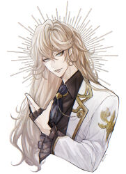 Rule 34 | 1boy, black shirt, black vest, blonde hair, blue eyes, blue necktie, collared shirt, cropped torso, finger cots, formal, frilled sleeves, frills, gold trim, granblue fantasy, hair between eyes, hair over shoulder, halo, halo behind head, highres, jacket, lapels, long hair, looking at viewer, male focus, matsumoto mio, naoise, necktie, notched lapels, parted lips, shirt, simple background, smile, solo, sunburst, vest, white background, white jacket