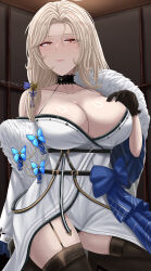 Rule 34 | 1girl, archstreal, artist name, black garter straps, black gloves, black panties, black thighhighs, blush, breasts, cleavage, closed mouth, collarbone, garter straps, gloves, goddess of victory: nikke, highres, large breasts, long hair, long sleeves, looking at viewer, ludmilla (nikke), ludmilla (winter owner) (nikke), off shoulder, official alternate costume, panties, single bare shoulder, smile, solo, thighhighs, underwear, white hair, yellow eyes
