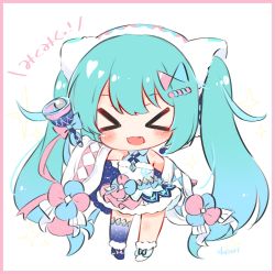 Rule 34 | &gt; &lt;, 1girl, aqua hair, bare shoulders, bell, blue thighhighs, blush, boots, chibi, detached sleeves, dress, closed eyes, facing viewer, fang, full body, fur-trimmed boots, fur-trimmed dress, fur-trimmed sleeves, fur trim, hairband, hatsune miku, highres, holding, holding bell, long hair, magical mirai (vocaloid), magical mirai miku, magical mirai miku (2020 winter), open mouth, single thighhigh, skin fang, smile, solo, standing, thighhighs, translated, twintails, very long hair, vocaloid, white background, white dress, wide sleeves, yukine