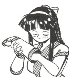 Rule 34 | 1girl, ainu clothes, b village, black hair, blood company, breasts, closed eyes, fingerless gloves, gloves, hair ribbon, highres, large breasts, long hair, monochrome, nakoruru, ribbon, samurai spirits, smile, snk, the king of fighters, traditional media, undressing, unworn gloves
