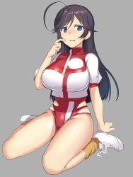 Rule 34 | 10s, 1girl, absurdres, ahoge, akamoku, alternate costume, arm support, bad id, bad pixiv id, black eyes, black hair, blush, breasts, commentary request, cosplay, covered navel, finger to cheek, girls und panzer, highleg, highleg leotard, highres, isuzu hana, large breasts, leotard, long hair, looking at viewer, multicolored shirt, open mouth, pink leotard, puffy short sleeves, puffy sleeves, red shirt, shiny skin, shirt, shoes, short sleeves, simple background, sitting, skindentation, sneakers, solo, thighs, top wo nerae!, turtleneck, wavy mouth, white shirt, yellow legwear