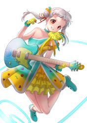 Rule 34 | 1girl, absurdres, aqua dress, aqua footwear, arashi chisato, asymmetrical dress, collarbone, commentary, dress, electric guitar, english commentary, feet up, gloves, gradient dress, grin, guitar, hair bun, hair tie, head tilt, highres, holding, holding instrument, instrument, looking at viewer, love live!, love live! superstar!!, mixed-language commentary, music, playing instrument, plectrum, pom pom (clothes), red eyes, short bangs, short dress, simple background, sleeveless, sleeveless dress, smile, solo, teeth, tokonatsu sunshine, twintails, ushio ochinashi, whammy bar, white background, white hair, yellow dress, yellow gloves
