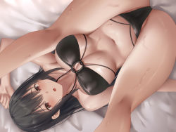 Rule 34 | 1girl, bangs, bed, bikini, black hair, blush, breasts, cameltoe, cccpo, embarrassed, eyebrows hidden by hair, female focus, from above, groin, highres, large breasts, legs, legs up, long hair, looking at viewer, lying, o-ring, o-ring bikini, on bed, open mouth, original, pussy, red eyes, solo, suzuame yatsumi, sweat, swimsuit, thighs