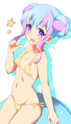 Rule 34 | 1girl, 9law, bikini, breasts, character request, double bun, doughnut hair bun, hair bun, looking at viewer, multicolored hair, navel, purple eyes, simple background, small breasts, solo, star (symbol), swimsuit, two-tone hair, white background, yellow bikini
