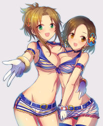 Rule 34 | 10s, 2girls, :d, anchor hair ornament, bangle, belt, bracelet, breast press, breasts, brown eyes, brown hair, choker, cleavage, crop top, earrings, frills, front-tie top, gloves, green eyes, hair ornament, hand on another&#039;s hip, idolmaster, idolmaster cinderella girls, jewelry, kara (color), large breasts, looking at viewer, matsumoto sarina, mizuki seira, multiple girls, navel, open mouth, shiny skin, short hair, short shorts, shorts, smile, star (symbol), star earrings, star hair ornament, striped, white gloves