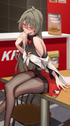 Rule 34 | 1girl, absurdres, ahoge, alternate costume, bare shoulders, bespectacled, black pantyhose, black shirt, black shorts, blush, bow, bowtie, breasts, chinese commentary, closed mouth, commentary request, crossed legs, finger to mouth, glasses, green hair, hair between eyes, high-waist shorts, highres, honkai (series), honkai impact 3rd, indoors, kfc, large breasts, long hair, looking at viewer, nail polish, on table, one eye closed, pantyhose, pantyhose under shorts, pink eyes, red-framed eyewear, red bow, red bowtie, red nails, ruo zhishi chu jian, shirt, shorts, sitting, smile, solo, table, very long hair, vita (honkai impact)