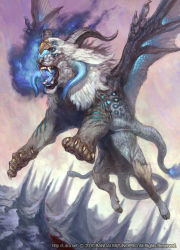 Rule 34 | blue eyes, blue fire, chimera, claws, extra eyes, fangs, fire, flying, g.river, horns, monster, mountain, original, single horn, tail, wings