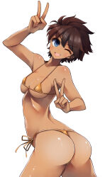 Rule 34 | 1girl, absurdres, ass, bikini, blue eyes, breasts, brown hair, commentary request, commission, cowboy shot, dark-skinned female, dark skin, double v, from side, girls und panzer, halterneck, highres, looking at viewer, looking back, medium breasts, micro bikini, one eye closed, open mouth, orange bikini, partial commentary, pixiv commission, sattinittas, short hair, side-tie bikini bottom, simple background, skindentation, smile, solo, standing, string bikini, suzuki (girls und panzer), swimsuit, thong bikini, v, white background