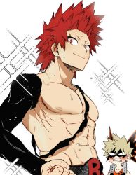 Rule 34 | 2boys, abs, angry, bakugou katsuki, belt, blonde hair, blush, boku no hero academia, clenched hand, detached sleeves, diffraction spikes, eye mask, hair slicked back, kirishima eijirou, looking down, male focus, multiple boys, nipples, pectorals, red eyes, red hair, scar, scar on face, short eyebrows, short hair, smile, spiked hair, upper body, y (hellenism)