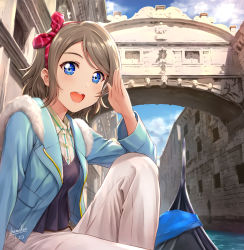 Rule 34 | 1girl, blue eyes, cloud, day, fur trim, grey hair, headband, highres, jacket, looking at viewer, love live!, love live! school idol festival, love live! sunshine!!, open mouth, outdoors, pants, plaid, salute, shamakho, signature, smile, venice, watanabe you, water, watercraft, white pants
