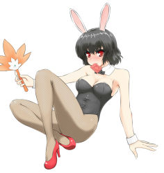 Rule 34 | 1girl, animal ears, black hair, blush, bow, bowtie, breasts, rabbit ears, playboy bunny, cleavage, condom, condom in mouth, condom wrapper, detached collar, hand fan, female focus, fishnet pantyhose, fishnets, looking at viewer, mouth hold, pantyhose, red eyes, shameimaru aya, short hair, solo, touhou, wrist cuffs, yoou (artist), youu (midgard)