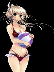 Rule 34 | 1girl, ball, bare shoulders, beachball, bikini, black background, blonde hair, blush, breasts, cleavage, collarbone, green eyes, groin, holding, long hair, looking at viewer, navel, original, pointy ears, sideboob, simple background, smile, solo, swimsuit, windforcelan