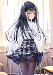 Rule 34 | 1girl, :o, ass, bad id, bad pixiv id, black hair, black skirt, blush, brown pantyhose, clothes lift, commentary request, cowboy shot, curtains, desk, from behind, high-waist skirt, highres, indoors, kobayashi chisato, lifted by self, long hair, long sleeves, looking at viewer, looking back, original, pantyhose, parted lips, plaid, plaid skirt, purple eyes, school desk, shirt, shirt tucked in, sidelocks, skirt, skirt lift, solo, standing, thighband pantyhose, thighs, white shirt