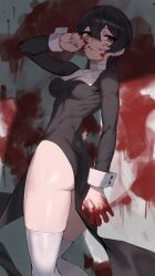 Rule 34 | 1girl, absurdres, ass, blood, blood on face, brown eyes, chorogon, evil grin, evil smile, grin, highres, looking to the side, nerine (explosifchoker), nun, original, short hair, side slit, smile, smirk, thighhighs, thighs, white thighhighs, wiping face