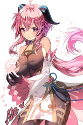 Rule 34 | 1girl, aile (crossroads), alternate costume, bare shoulders, bodystocking, breasts, detached sleeves, dress, ganyu (genshin impact), genshin impact, gloves, halterneck, highres, horns, large breasts, looking at viewer, pelvic curtain, pink hair, purple eyes, solo, thighs