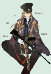 Rule 34 | 1boy, black cape, black hat, black jacket, black pants, blue background, brown eyes, brown hair, bullet, buttons, cape, closed mouth, collar, collared cape, collared jacket, collared shirt, earrings, english text, gloves, gun, hat, holding, holding gun, holding weapon, jacket, jewelry, long hair, long sleeves, looking to the side, male focus, medal, micho, military, military hat, military uniform, open clothes, open collar, original, pants, rifle, scar, shirt, simple background, sitting, solo, uniform, weapon, white gloves, white shirt