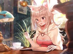 Rule 34 | 1girl, :d, animal ear fluff, animal ears, blurry, blurry background, book, breasts, capelet, cleavage, commentary request, cup, day, depth of field, desk, desk lamp, dress, frilled dress, frills, gloves, gyozanuko, hair between eyes, highres, holding, holding pen, hood, hood down, hooded capelet, indoors, lamp, light brown hair, long hair, looking away, looking down, medium breasts, nib pen (object), one side up, open book, open mouth, original, pen, picture frame, red dress, red eyes, saucer, smile, solo, sunlight, teacup, transparent, very long hair, white capelet, white gloves, window