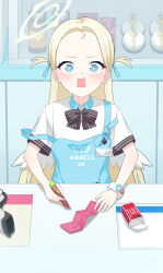 Rule 34 | 1girl, absurdres, angel&#039;s 24 uniform (blue archive), angel wings, apron, barcode scanner, black bow, black bowtie, blonde hair, blue apron, blue archive, blue eyes, blush, bow, bowtie, collared shirt, condom, condom wrapper, darros, halo, highres, korean commentary, long hair, looking at viewer, open mouth, polo shirt, shirt, short sleeves, solo, sora (blue archive), two side up, white shirt, white wings, wings, yellow halo