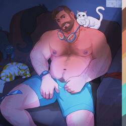 Rule 34 | 1boy, absurdres, animal, animal on shoulder, arm hair, bara, beard, belly, brown hair, cat, cat on shoulder, chiris 110, come hither, coral island, couch, dark room, facial hair, finger under clothes, full beard, goggles, goggles around neck, green male swimwear, hairy, highres, large pectorals, looking at viewer, male focus, male swimwear, mark (coral island), multiple cats, muscular, muscular male, navel, navel hair, nipples, on couch, pectorals, seductive smile, short hair, smile, solo, stomach, swim trunks, thick beard, thick thighs, thighs, topless male, undressing