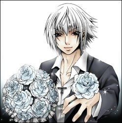 Rule 34 | 1boy, alternate costume, alternate hair color, bishounen, black jacket, black suit, blue flower, blue rose, bouquet, collarbone, collared shirt, commentary, eguana, english commentary, facing viewer, final fantasy, final fantasy xv, flower, formal, frills, gradient background, holding, holding bouquet, holding flower, jacket, lace, light smile, looking at viewer, male focus, noctis lucis caelum, official alternate eye color, reaching, reaching towards viewer, red eyes, rose, shirt, short hair, simple background, smile, solo, sparkle, suit, white background, white flower, white hair, white rose, white shirt