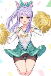 1girl alternate_costume animal_ears armpits bike_shorts breasts cheerleader collarbone commentary_request commission hair_between_eyes hair_ornament horse_girl jumping looking_at_viewer mejiro_mcqueen_(umamusume) nannacy7 open_mouth pixiv_commission pom_pom_(cheerleading) small_breasts solo umamusume white_background