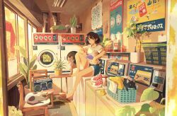 Rule 34 | 1girl, atelier umiyury, blue shorts, brown hair, cassette player, cat, commentary, handheld game console, highres, holding, holding handheld game console, laundromat, laundry, laundry basket, original, plant, poster (object), potted plant, rubber duck, shirt, short hair, short sleeves, shorts, sitting, slippers, solo, sunlight, t-shirt, top-load washing machine, washing machine, white shirt, window