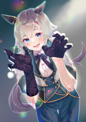 Rule 34 | 1girl, absurdres, animal ears, asymmetrical gloves, black gloves, blue eyes, blue pants, blue vest, blush, bow, bowtie, buttons, claw pose, collared shirt, commentary request, cowboy shot, double-breasted, doushi tatsu to dekkai no, ear covers, gloves, grey hair, hair between eyes, half gloves, highres, horse ears, horse girl, horse tail, jacket, lens flare, light particles, long sleeves, mimikaki, official alternate costume, open mouth, pants, seiun sky (soiree de chaton) (umamusume), seiun sky (umamusume), shirt, short hair, single ear cover, single half glove, smile, solo, tail, umamusume, vest, white bow, white bowtie, white jacket, white shirt