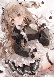 Rule 34 | 1girl, apron, black bow, black bowtie, black dress, black ribbon, black straps, blunt bangs, blush, bow, bowtie, breasts, brown eyes, closed mouth, collar, dress, frilled dress, frills, hair ribbon, hand up, heart, highres, light brown hair, long sleeves, looking at viewer, lying, maid apron, medium breasts, on back, original, ribbon, smile, solo, thigh strap, two side up, weri, white apron, white collar