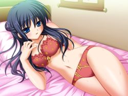 Rule 34 | 1girl, bed, black hair, blue eyes, bra, clover point, game cg, kashiwagi tsukine, lingerie, long hair, lying, meteor (company), non-web source, on side, panties, pillow, solo, sweat, underwear, underwear only, yuyi