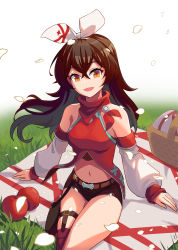 Rule 34 | 1girl, absurdres, alternate costume, amber (genshin impact), apple, bandana, bare shoulders, belt, belt pouch, blanket, boots, breasts, brown belt, brown eyes, brown hair, brown shorts, crossed bangs, detached sleeves, food, fruit, genshin impact, grass, hair between eyes, hair ribbon, highres, long hair, looking at viewer, medium breasts, midriff, mmmx (fittails), navel, petals, picnic basket, pouch, red bandana, ribbon, short shorts, shorts, sidelocks, smile, solo, thigh boots, thigh strap, thighhighs, thighs, white background