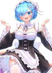 Rule 34 | 1girl, :d, absurdres, apron, black ribbon, blue eyes, blue hair, blush, bow, breasts, cleavage, commentary request, cowboy shot, detached sleeves, dress, eyes visible through hair, frilled apron, frilled sleeves, frills, garter straps, hair ornament, hair over one eye, hair ribbon, hands up, highres, large breasts, long sleeves, looking at viewer, maid, maid headdress, medium breasts, neck ribbon, niyun (n niyu), open mouth, re:zero kara hajimeru isekai seikatsu, red ribbon, rem (re:zero), ribbon, ribbon-trimmed legwear, ribbon trim, roswaal mansion maid uniform, short hair, simple background, smile, solo, teeth, thighhighs, upper teeth only, waist apron, white apron, white background, white thighhighs, wide sleeves, x hair ornament