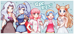 5girls :d :o ^_^ anidler91 black_dress blue_bodysuit blue_eyes blue_hair bodysuit border bow breasts cape clair_(pokemon) cleavage clenched_hands closed_eyes closed_mouth creatures_(company) cropped_jacket curtained_hair dress dress_bow finger_to_mouth game_freak hair_bobbles hair_ornament hat index_finger_raised interlocked_fingers jacket jasmine_(pokemon) karen_(pokemon) kris_(pokemon) light_blue_hair light_brown_hair long_hair medium_breasts multiple_girls nintendo open_clothes open_jacket open_mouth own_hands_clasped own_hands_together pink_eyes pink_hair pink_trim pokemon pokemon_gsc ponytail red_shirt shirt short_sleeves smile twintails two_side_up v-shaped_eyebrows white_border white_bow white_dress white_jacket white_shirt whitney_(pokemon) yellow_hat