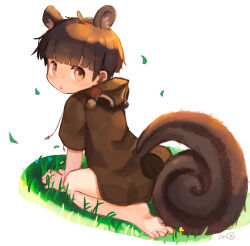 Rule 34 | 1boy, animal ears, animal hood, barefoot, brown eyes, brown hair, brown hoodie, child, commentary, drawstring, english commentary, fake animal ears, from behind, full body, grass, highres, hood, hood down, hoodie, looking at viewer, looking back, male focus, moi go moim, original, outdoors, short hair, short sleeves, simple background, sitting, solo, squirrel boy, squirrel ears, squirrel hood, squirrel tail, tail, tori (moi go moim), white background