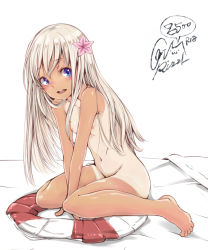 Rule 34 | 10s, 1girl, artist name, bed sheet, between legs, blonde hair, blue eyes, blush, breasts, character name, collarbone, dark-skinned female, dark skin, feet, flower, full body, hair flower, hair ornament, hand between legs, kantai collection, knees together feet apart, lifebuoy, long hair, looking at viewer, navel, nipples, nude, one-piece tan, rizzl, ro-500 (kancolle), round teeth, simple background, sitting, small breasts, smiley face, solo, stomach, swim ring, tan, tanline, tareme, teeth, toes, very long hair, wariza, white background