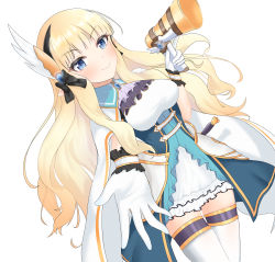Rule 34 | 1girl, absurdres, blonde hair, blue eyes, breasts, capelet, cloak, hair ribbon, highres, long hair, looking at viewer, medium breasts, pointy ears, princess connect!, reaching, reaching towards viewer, ribbon, saren (princess connect!), simple background, smile, solo, standing, thighhighs, white background, white thighhighs