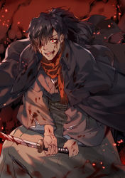 Rule 34 | 1boy, black hair, blood, blood on clothes, blood on face, embers, fate/grand order, fate (series), glowing, glowing eye, hair over one eye, haori, hermithessa, highres, japanese clothes, katana, long hair, male focus, okada izou (fate), orange scarf, red eyes, scarf, solo, sword, weapon