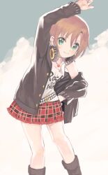 Rule 34 | 1girl, amezawa koma, arm up, belt, black cardigan, blush, boots, brown hair, cardigan, clothes writing, feet out of frame, green eyes, headphones, headphones around neck, idolmaster, idolmaster cinderella girls, jewelry, necklace, off shoulder, open cardigan, open clothes, parted lips, plaid, plaid skirt, short hair, skirt, smile, solo, tada riina, waving