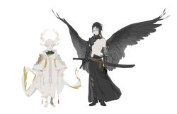 Rule 34 | 2boys, absurdres, anklet, armored boots, arms at sides, asymmetrical hair, barefoot, bell, black hair, black pants, black wings, boots, braid, braided ponytail, bridal gauntlets, curly hair, dragon tail, earrings, feathered wings, full body, gauntlets, hair between eyes, halo, highres, huahua zhu, jewelry, jingle bell, long hair, looking at viewer, male focus, multiple boys, nipples, no shoes, original, pants, pants tucked in, parted bangs, red eyes, robe, sarong, short hair, simple background, single braid, single thighhigh, standing, stirrup legwear, sword, tail, thighhighs, toeless legwear, toggles, topless male, weapon, weapon on back, white background, white hair, white pants, wide sleeves, wings